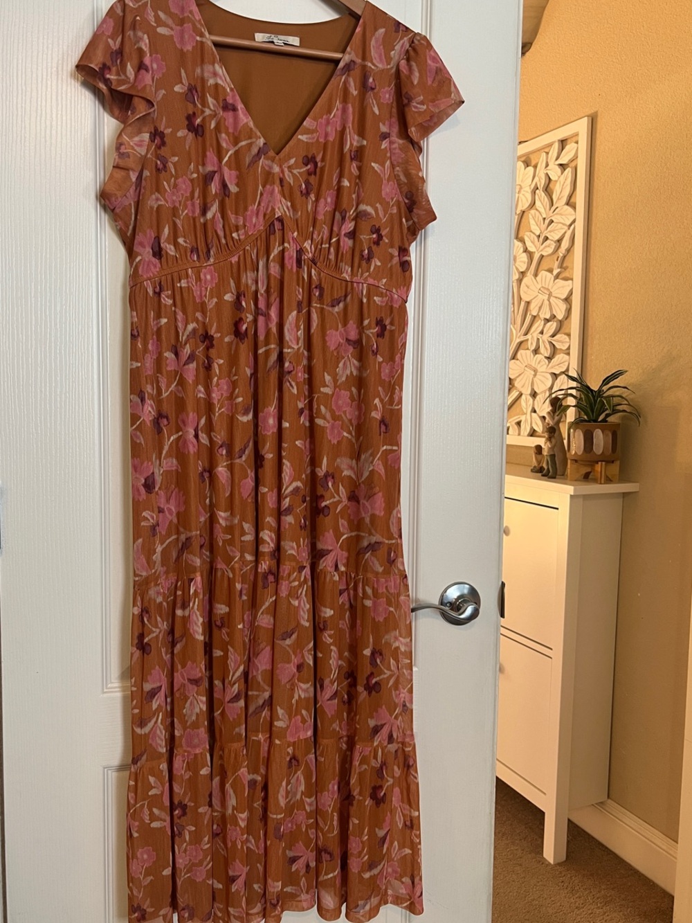 Rust Floral V-Neck Flutter Sleeve Maxi Dress with Pink Accents